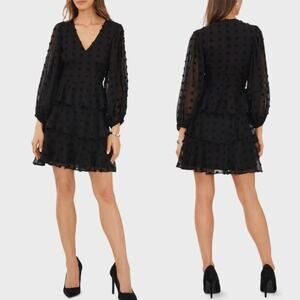 Halogen M Black Swiss Dot Dress | Nordstrom, Tiered Ruffle Hem, Sheer, Puff $200